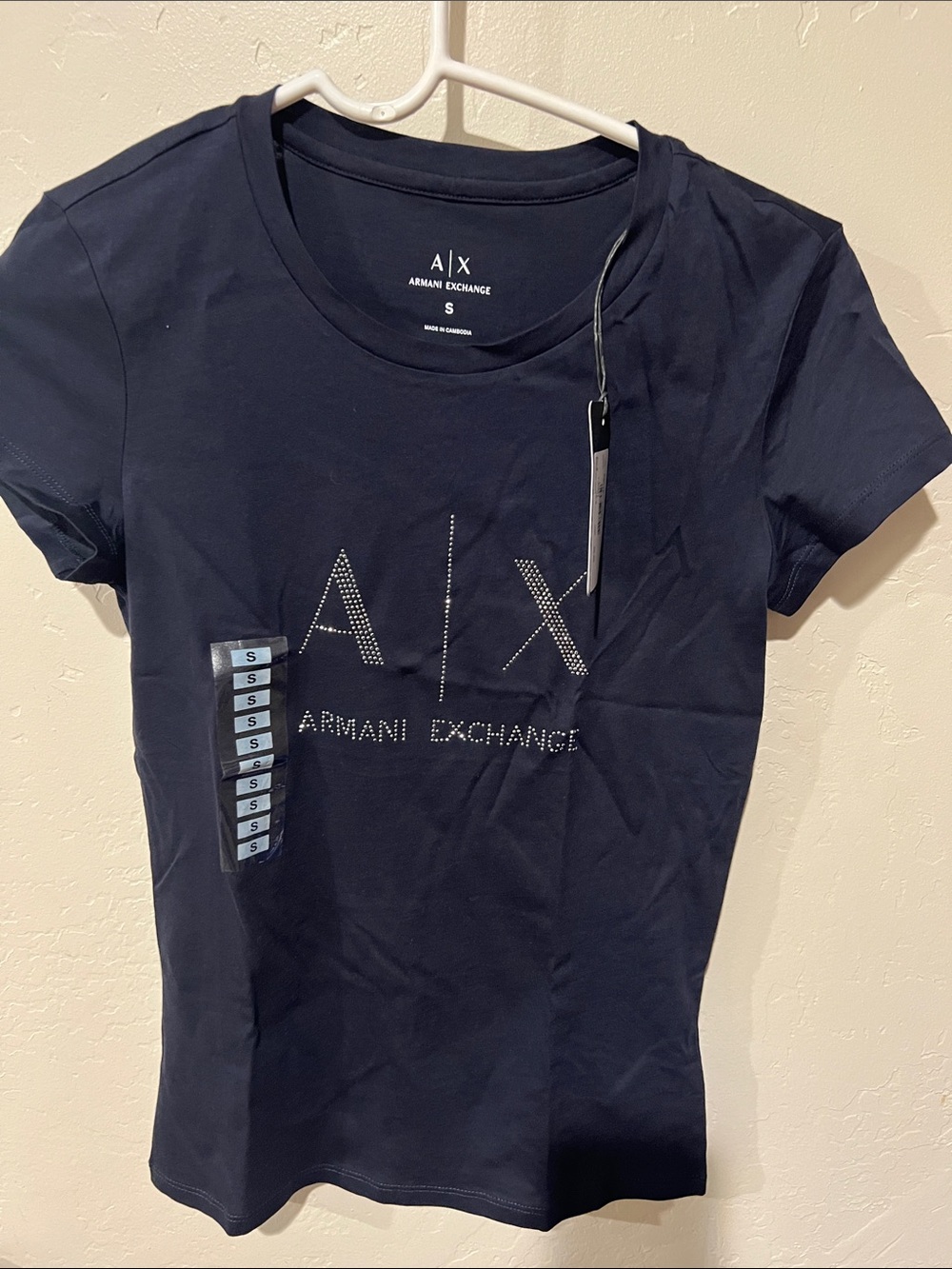 Armani Exchange Navy Short-Sleeve Tee with Rhinestone A|X Logo